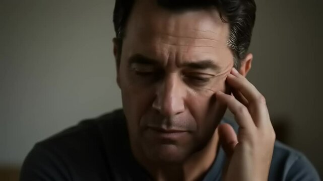 Pensive man reflecting on life in a softly lit room, evoking deep thoughts and emotions