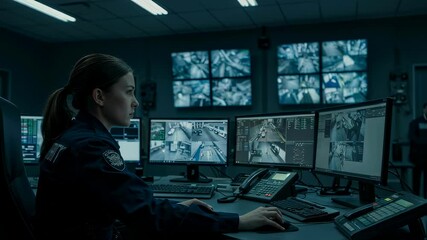 Woman security operator monitoring multiple CCTV cameras. Surveillance control room with live video feed. Modern smart city protection system footage.