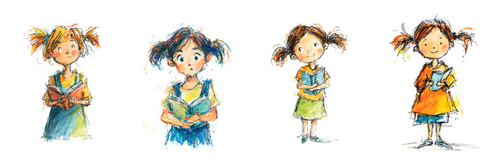 Fototapeta premium this is an illustration featuring seven animated figures, which appear to be children standing in a row. they are depicted in a simplistic style with limited detail, characteristic of many cartoons