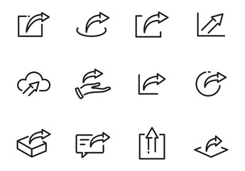 share or send icon set, data sharing, social media post, arrow button concept, thin line symbol isolated on white background, editable stroke eps 10 vector illustration