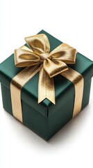 Obraz premium Green box with gold ribbon, suitable for advertising gifts and packaging.