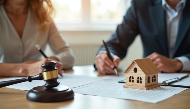 Divorced couple signing property division papers with gavel nearby. Lawyer notary office meeting, settlement, legal agreement, judge decision, estate resolution. Home model. Divorce, separation,