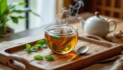 Fototapeta premium herbal tea with steam on wooden tray