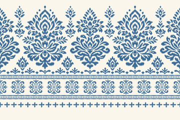 Ikat floral seamless pattern with traditional ethnic decorative border in blue on cream background, perfect for fabric, clothing, decoration, wallpaper, Aztec abstract textile texture illustration.