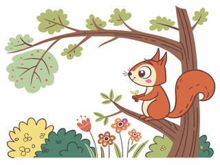 Squirrel Overlooking Garden &ndash; Vector Nature Scene