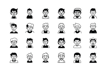 Collection of Diverse Cartoon Boy Avatars in Black and White Featuring Varied Hairstyles and Expressive Smiles on a