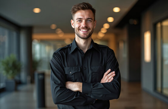 Smiling security guard at business center. Man in black uniform with crossed arms looking at camera. Pro occupation, security service, office protection.
