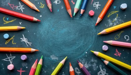 Colorful pencils, chalk on chalkboard. Creative doodles. School supplies, art, drawing, education, learning. Design elements for kids, students, art studio, teacher, back to school, creativity