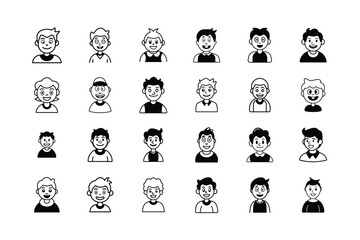 Collection of Diverse Cartoon Boy and Girl Avatars in Black and White Featuring Various Hairstyles and Clothing Styles