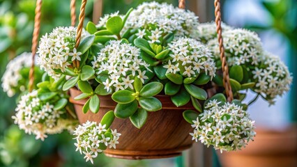 Dense cluster of small white flowers on a trailing Crassula perforata plant surrounded by glossy green leaves