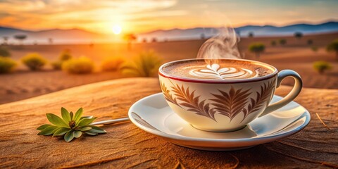 A steaming hot cappuccino coffee cup with a design of leaves and floral patterns on the side