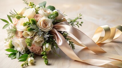 Delicate satin ribbon embellishes a wedding bouquet with lush greenery and subtle texture