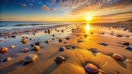 Ancient river stones scattered on a golden sandy beach at sunrise