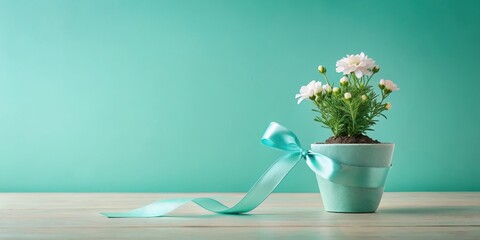 A delicate teal ribbon tied around a small potted plant with a single white flower
