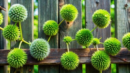 Dense clusters of green spiky flowers or seed heads atop a wooden fence
