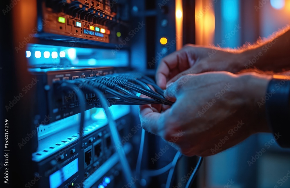 Aufkleber Computer technician connects network cables in server room. Man works with server equipment, fixes computer problems. Data center, internet, support, network engineer job, data protection, cyberspace.