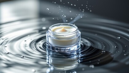 eye cream jar floating above surface reflection