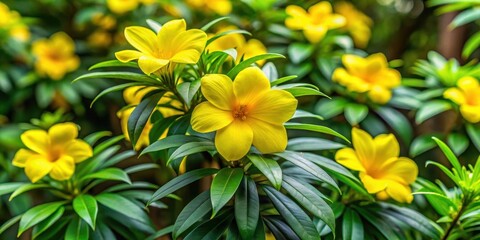 Vibrant yellow blooms nestled among lush green leaves of Thevetia Peruviana tree