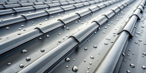 Close-up shot of a gray seam metal roof with drops