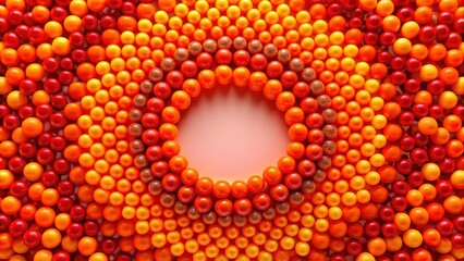 Brightly colored circle pattern created using orange and red spheres arranged in a radial design