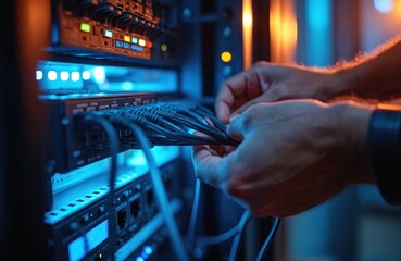 Computer technician connects network cables in server room. Man works with server equipment, fixes computer problems. Data center, internet, support, network engineer job, data protection, cyberspace.