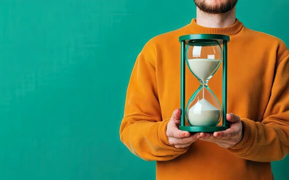 Man holding an hourglass against a vibrant green background, symbolizing the passage of time and the concept of waiting or mindfulness.