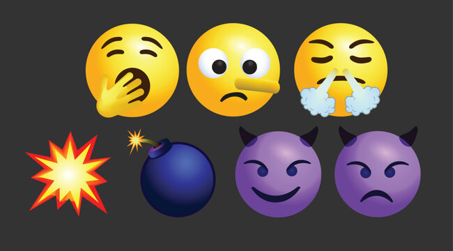 3d vector round yellow cartoon bubble emoticons social media chat comment reactions icon template face lying yawning steam from nose smiling horns emoji character message