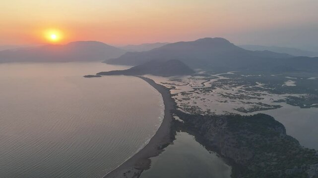 Aerial drone view of Dalyan delta and Iztuzu beach. Turkey. 4K