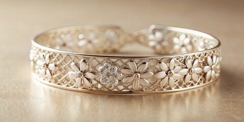 Elegant Silver Bracelet on Cream Background with Small Flowers