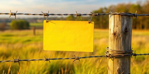 Barbed wire fence with blank yellow notice
