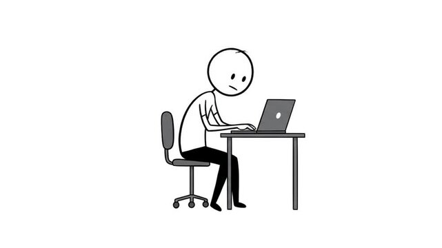 Stick figure person working on laptop illustration for business technology use