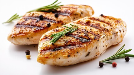 Two grilled chicken breasts garnished with rosemary sprigs and peppercorns on a white surface.