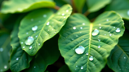 Fresh green leaves with water droplets after rain, showcasing nature's purity, freshness, and natural hydration in a serene and vibrant close-up view.