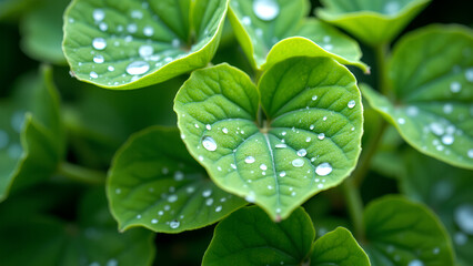 Fresh green leaves with water droplets after rain, showcasing nature's purity, freshness, and natural hydration in a serene and vibrant close-up view.