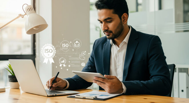 Businessman Working on ISO Compliance and Standards Using AI-Powered Holographic Interface on Laptop