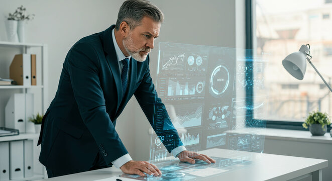 Senior Businessman Analyzing Holographic Data Interface in a Modern Office Setting