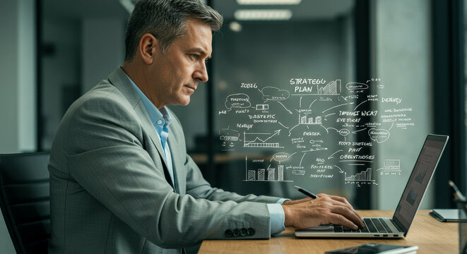 Elderly Businessman Working in Office with Holographic Icons Projected Above Laptop Screen