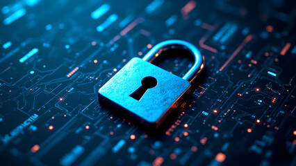 Futuristic digital padlock icon glowing in a high-tech circuit environment. Concept of cybersecurity, encryption, and secure data protection in the digital world.