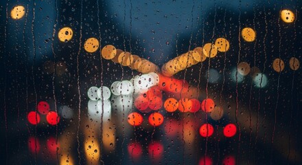 Rainy night city lights view through glass window, abstract blur bokeh photography art