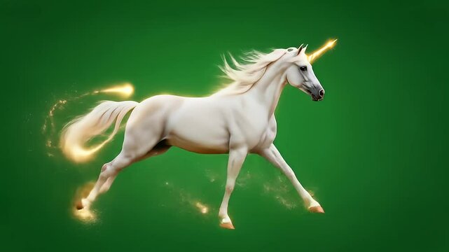 Magical white unicorn galloping against green screen. 4K Video