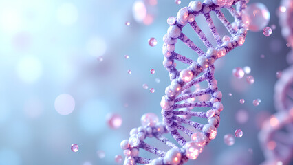 Close-up of colorful DNA strands with glowing particles, symbolizing genetic science, biotechnology, and molecular research in a futuristic concept.