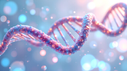 Close-up of colorful DNA strands with glowing particles, symbolizing genetic science, biotechnology, and molecular research in a futuristic concept.