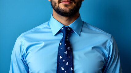 Close-up of a man in a crisp blue dress shirt and patterned navy tie with butterflies, standing against a solid blue background, showcasing modern professional style.
