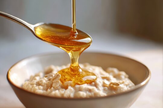 A spoon drips golden honey into a bowl of oatmeal - Powered by Adobe