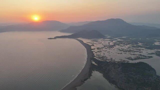 Aerial drone view of Dalyan delta and Iztuzu beach. Turkey. 4K