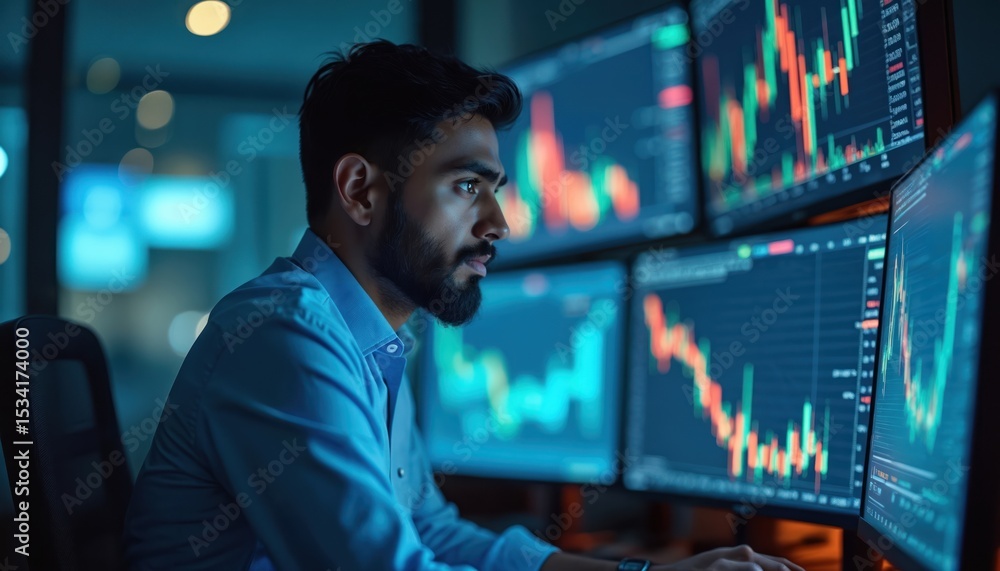 Poster Young Indian data analyst intently analyzes financial charts displayed on multiple computer screens. Modern office environment, concentrated focus. Business investment, stock market, trading,