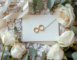 A top-down flat lay of elegant wedding floral elements, white roses, eucalyptus leaves, ivory ribbon, vintage wax seal invitation, gold wedding rings, lace fabric background