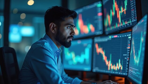Young Indian data analyst intently analyzes financial charts displayed on multiple computer screens. Modern office environment, concentrated focus. Business investment, stock market, trading, - Powered by Adobe
