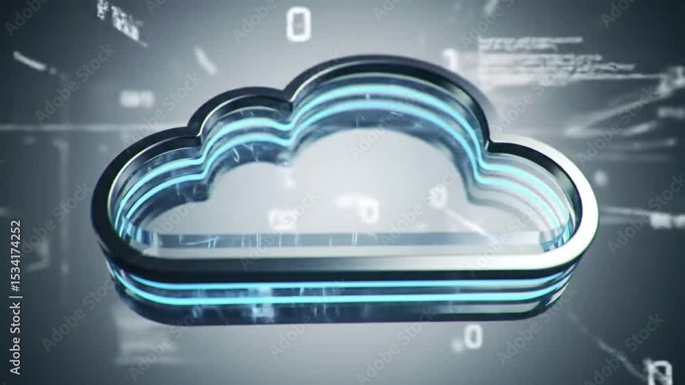 Poster chrome bordered cyan lit cloud symbol data storage technology on gray background