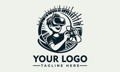 Cheerful person wearing a virtual reality headset and holding a game controller with abstract digital elements. Gaming and technology concept